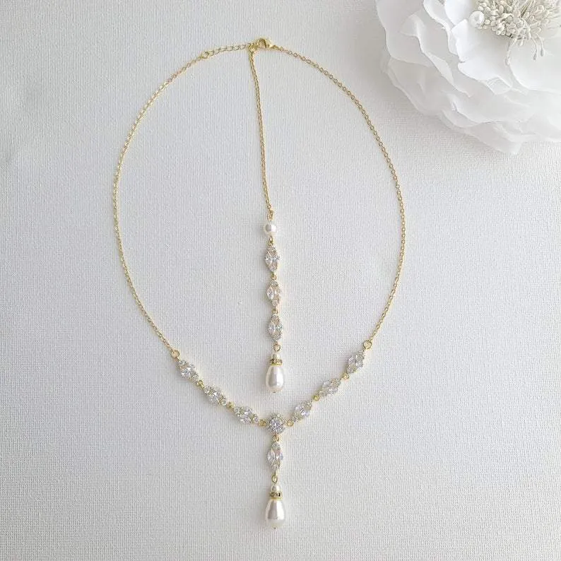 Gold Wedding Necklace With Backdrop in Pearls and Crystals-Hayley