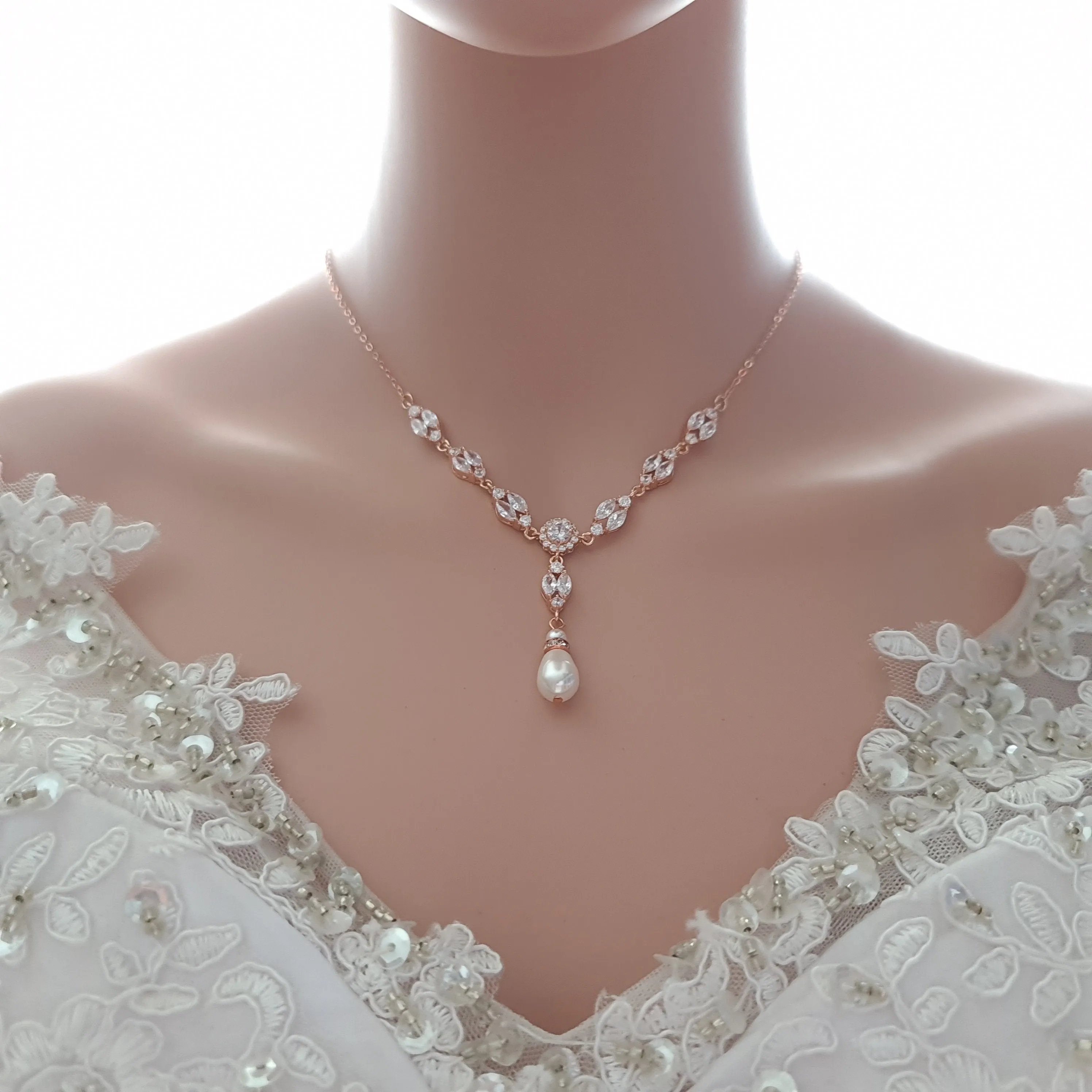 Gold Wedding Necklace With Backdrop in Pearls and Crystals-Hayley