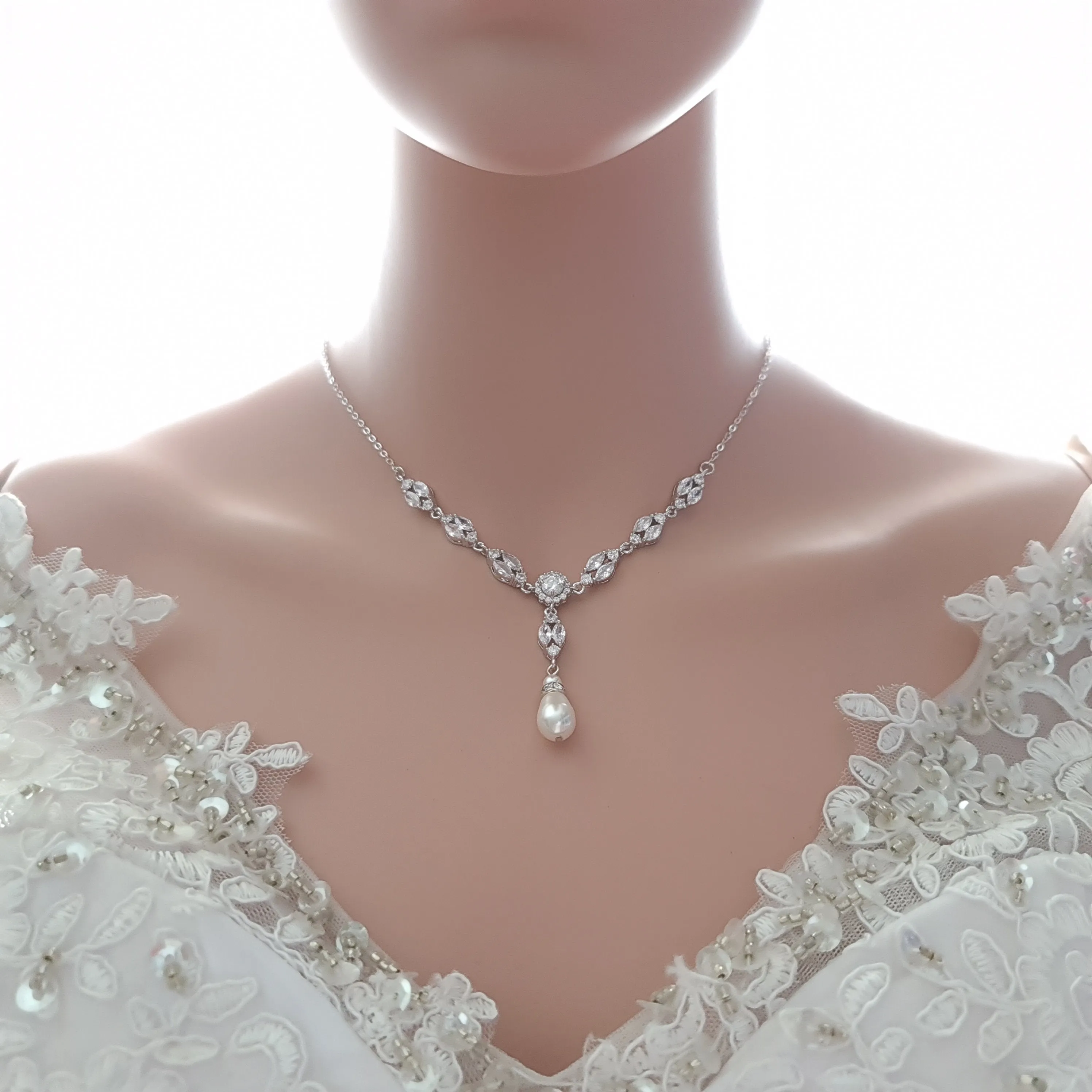 Gold Wedding Necklace With Backdrop in Pearls and Crystals-Hayley