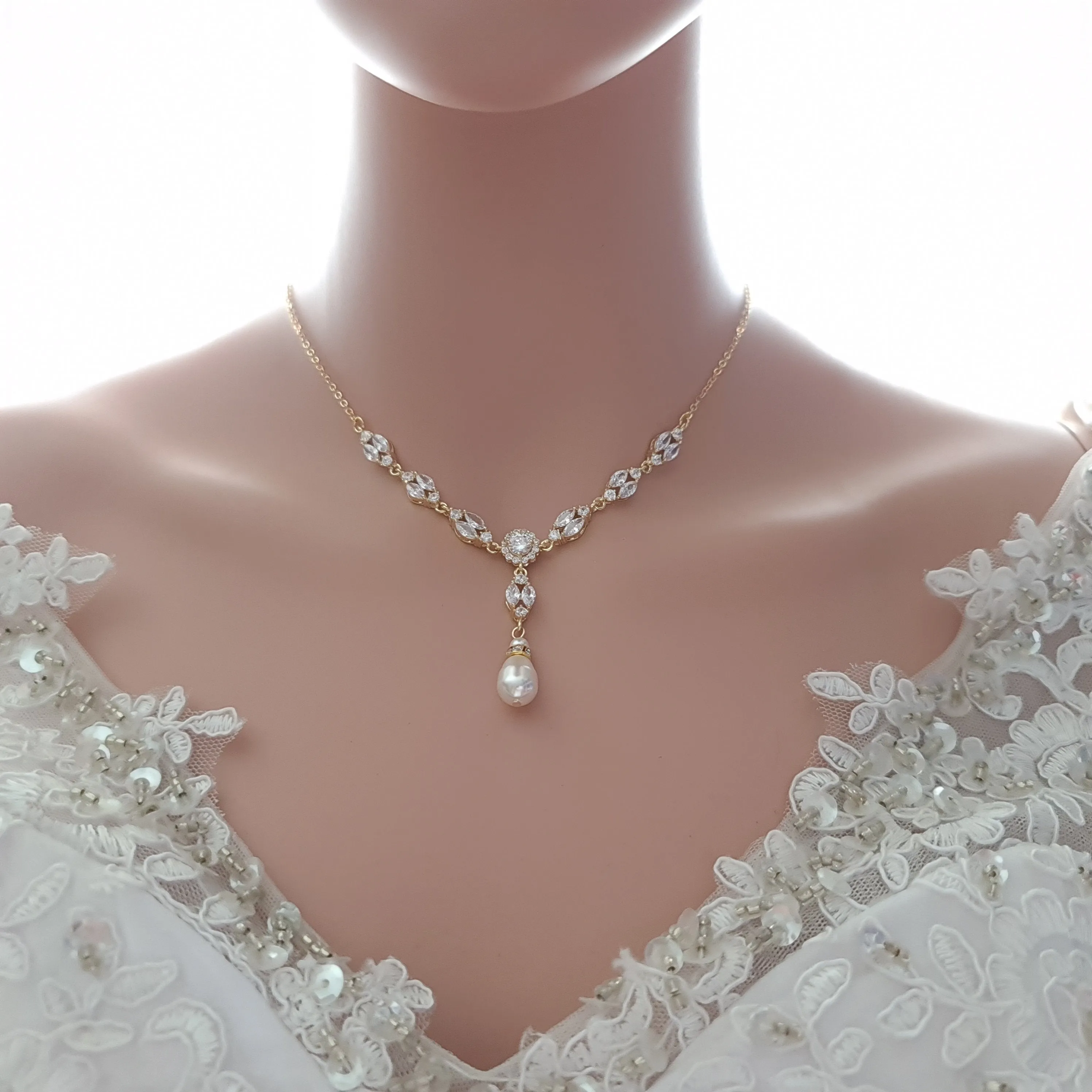 Gold Wedding Necklace With Backdrop in Pearls and Crystals-Hayley