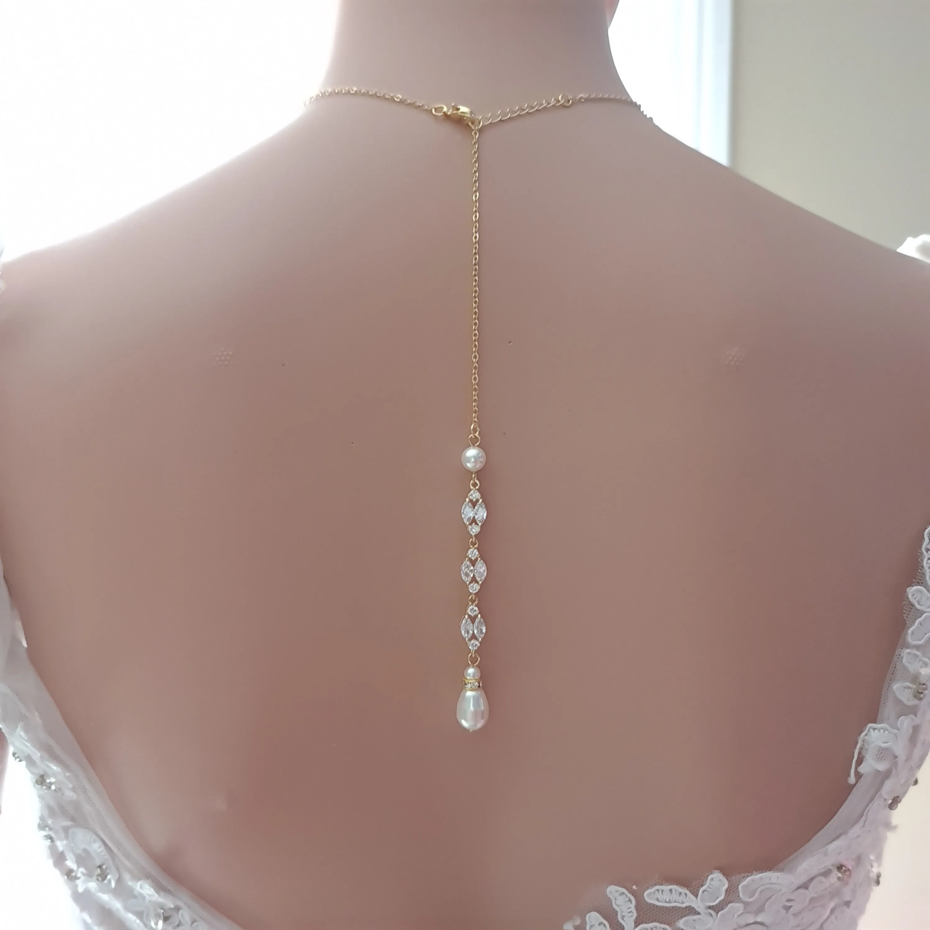 Gold Wedding Necklace With Backdrop in Pearls and Crystals-Hayley