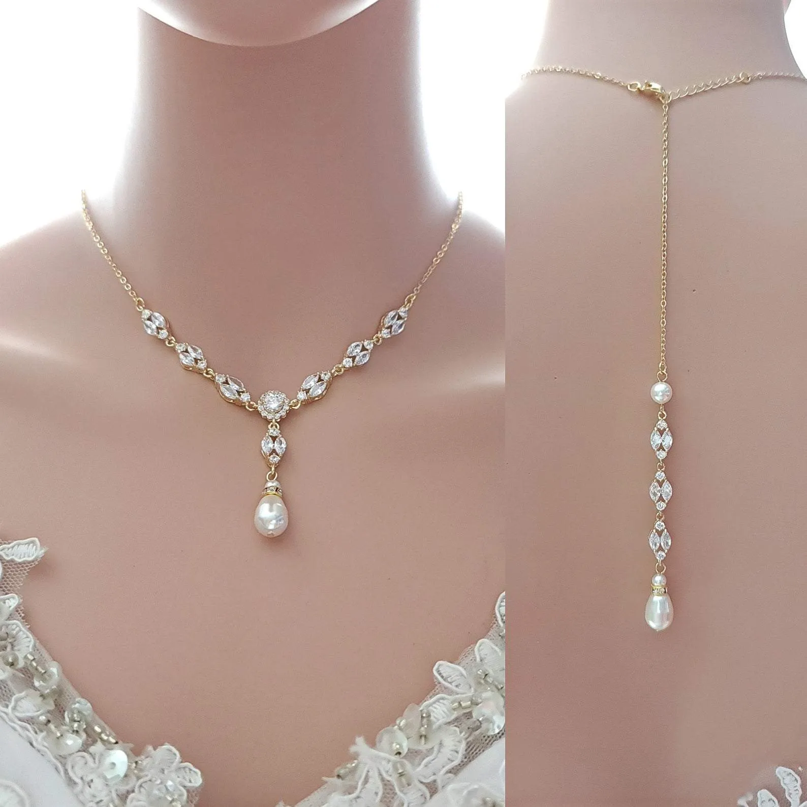 Gold Wedding Necklace With Backdrop in Pearls and Crystals-Hayley