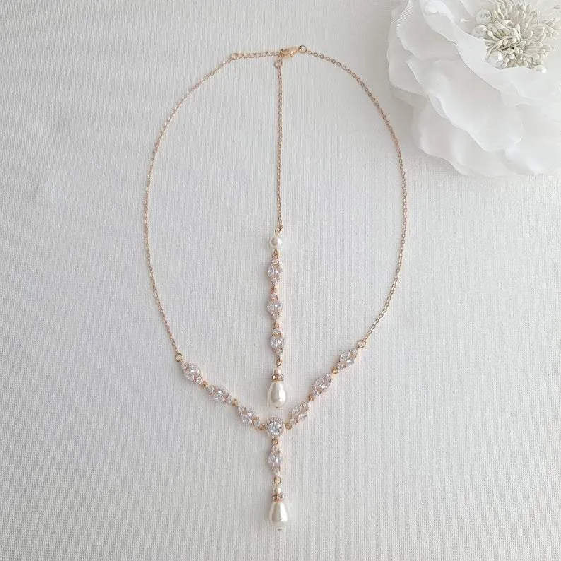 Gold Wedding Necklace With Backdrop in Pearls and Crystals-Hayley