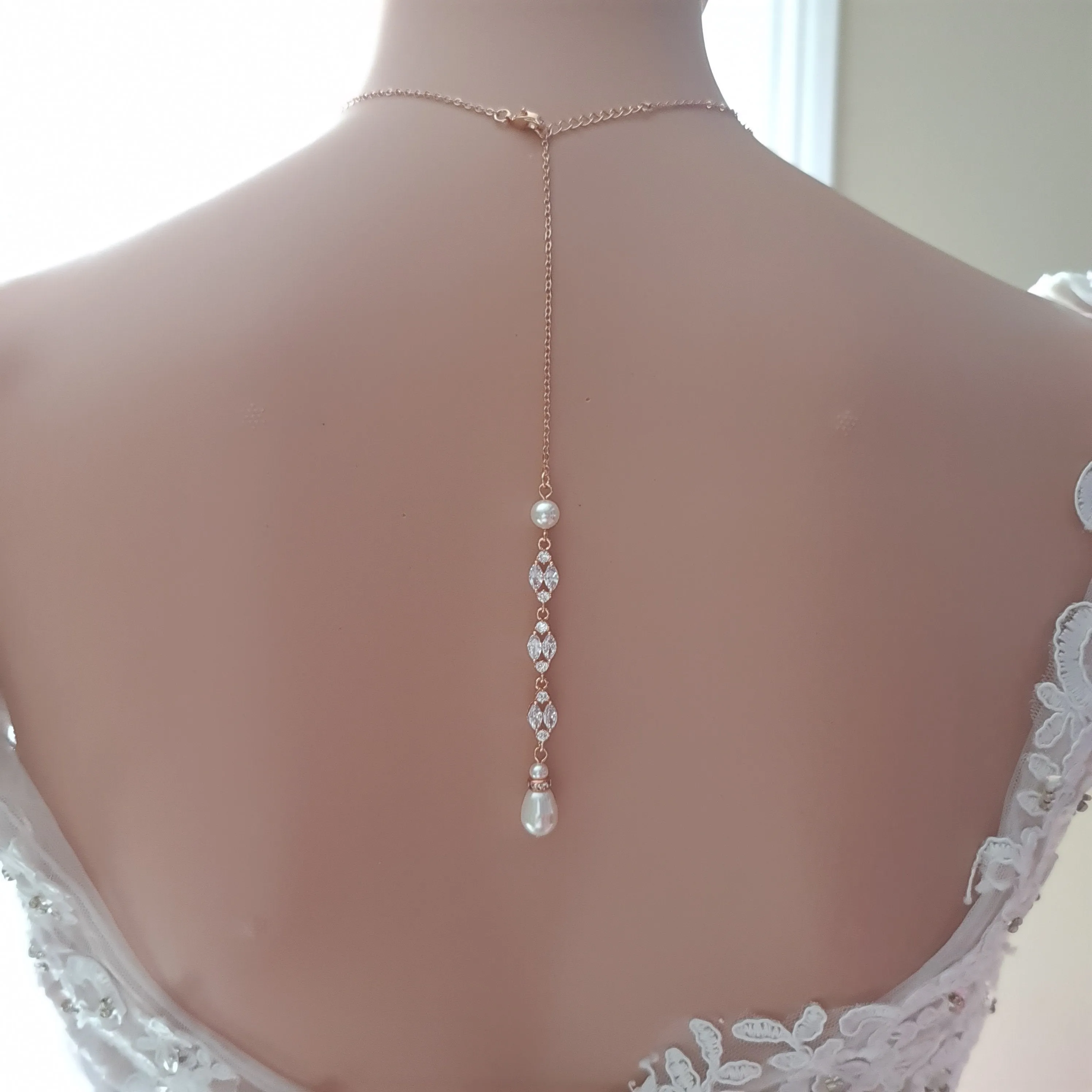 Gold Wedding Necklace With Backdrop in Pearls and Crystals-Hayley