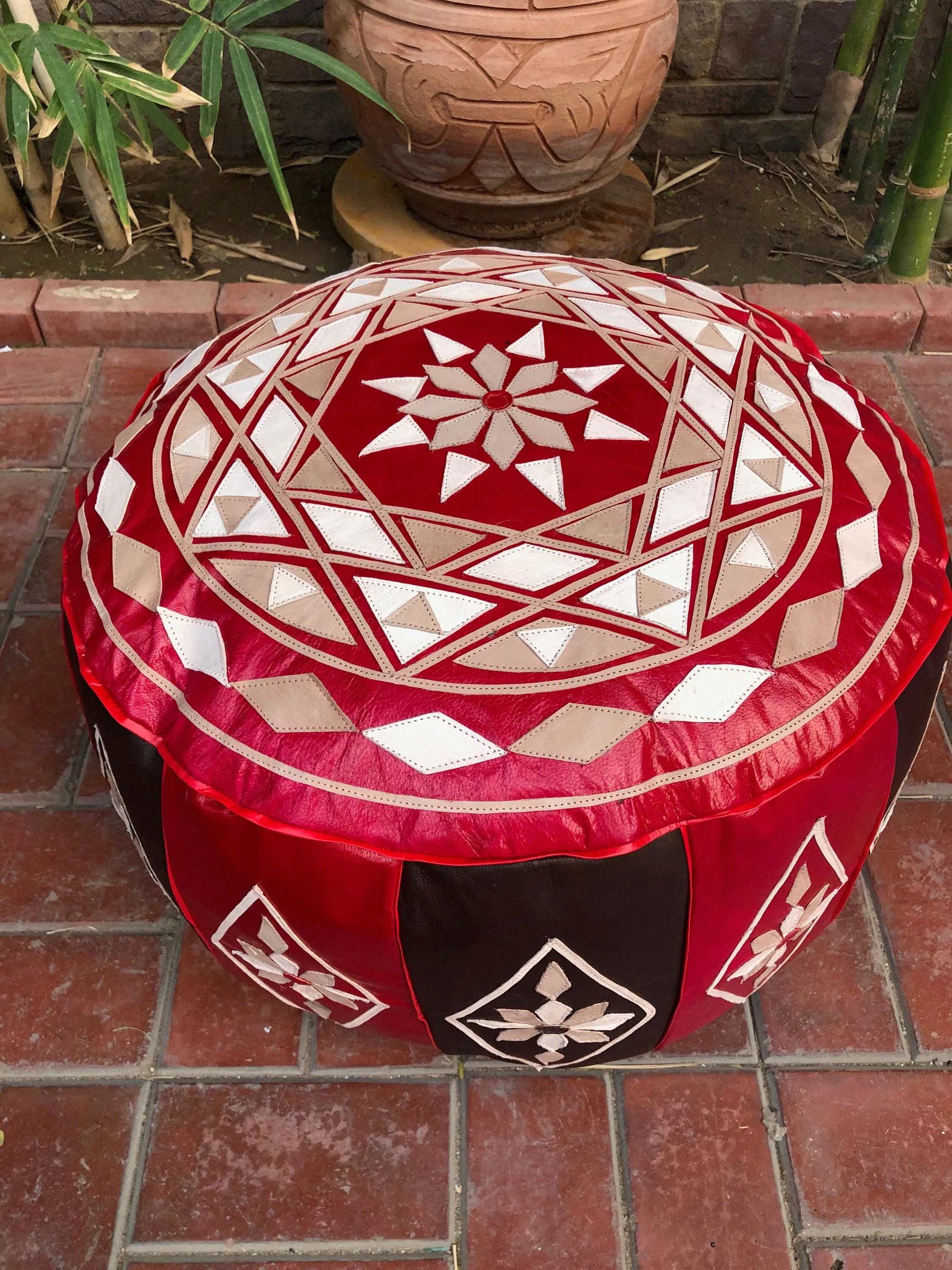 Handmade leather Moroccan pouf, Red/brown Leather Pouf, 30cm x 50cm pouf, Moroccan Pouf, Round Leather Pouf, Orange poufs, gift for her