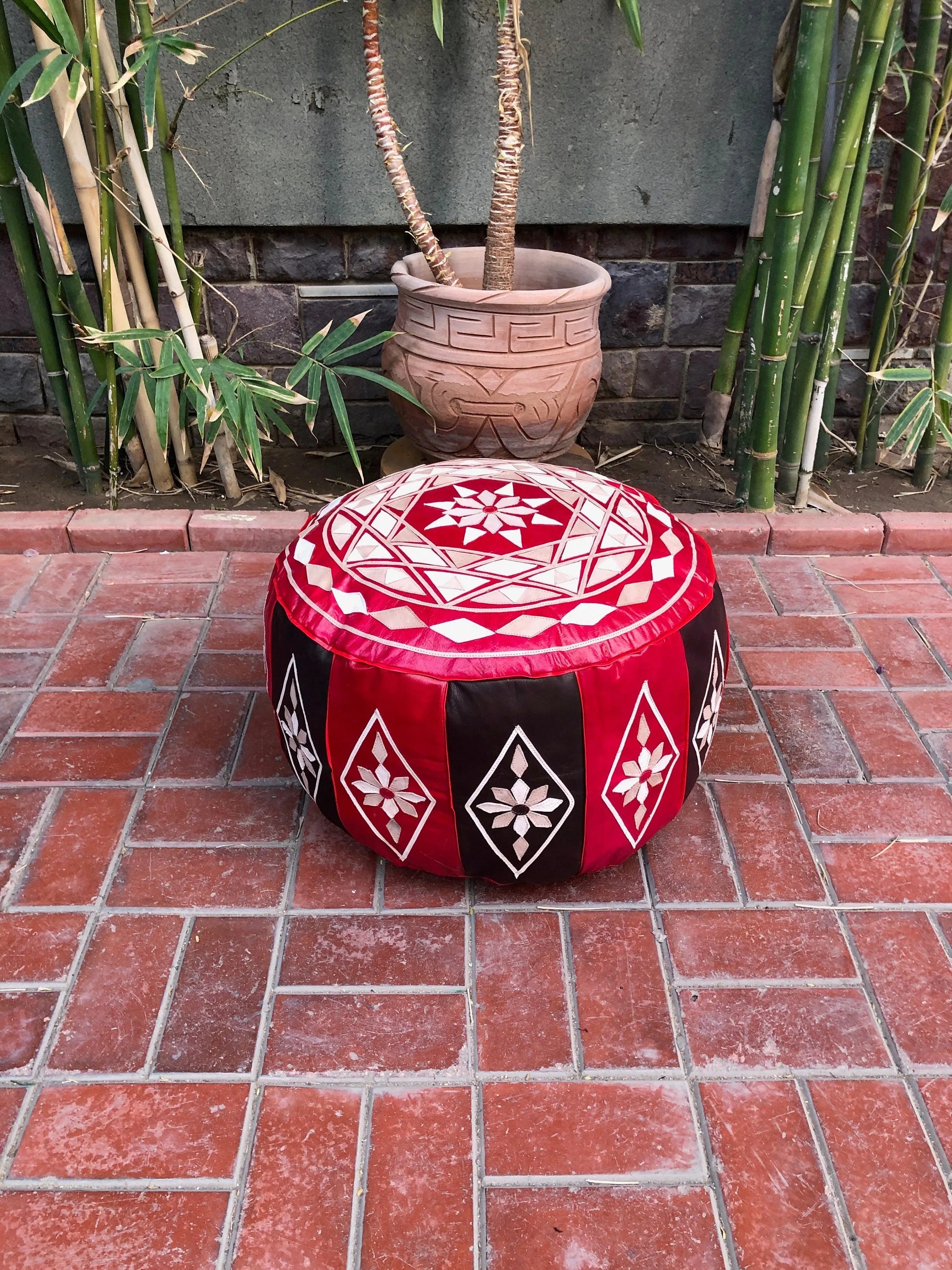 Handmade leather Moroccan pouf, Red/brown Leather Pouf, 30cm x 50cm pouf, Moroccan Pouf, Round Leather Pouf, Orange poufs, gift for her