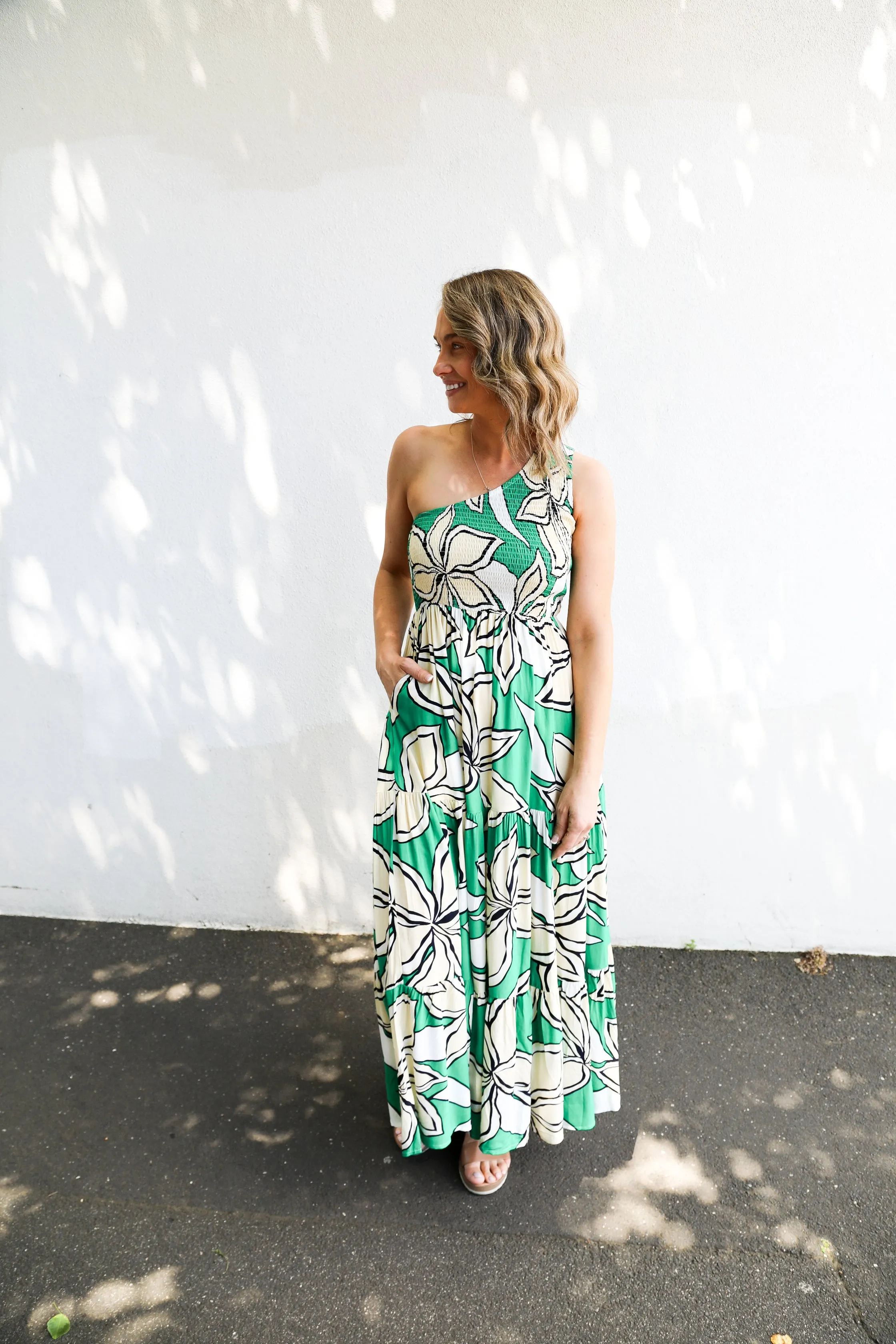 Henley One Shoulder Dress (Green Floral)