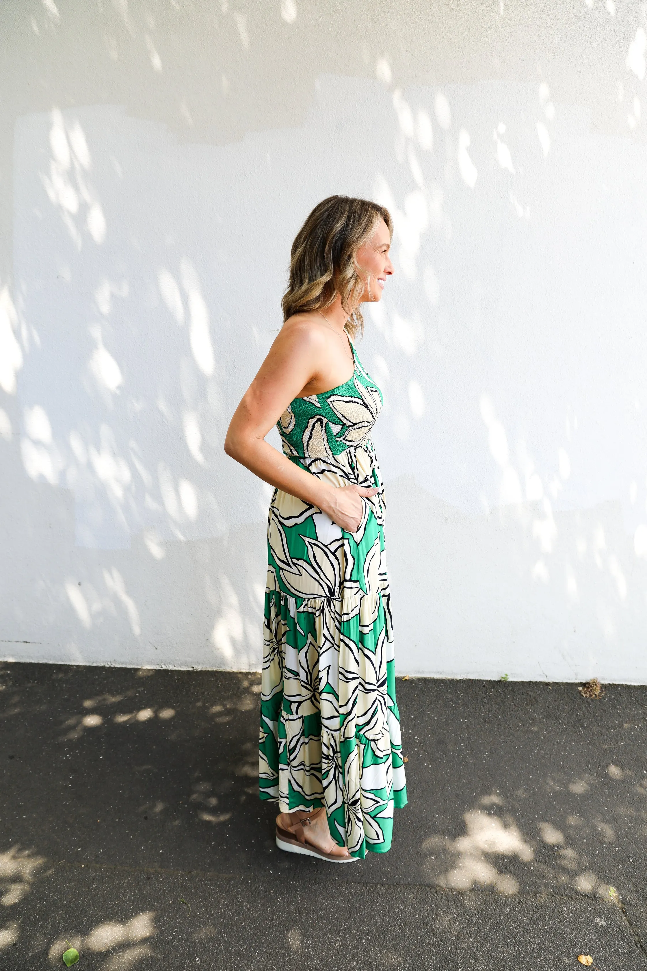 Henley One Shoulder Dress (Green Floral)