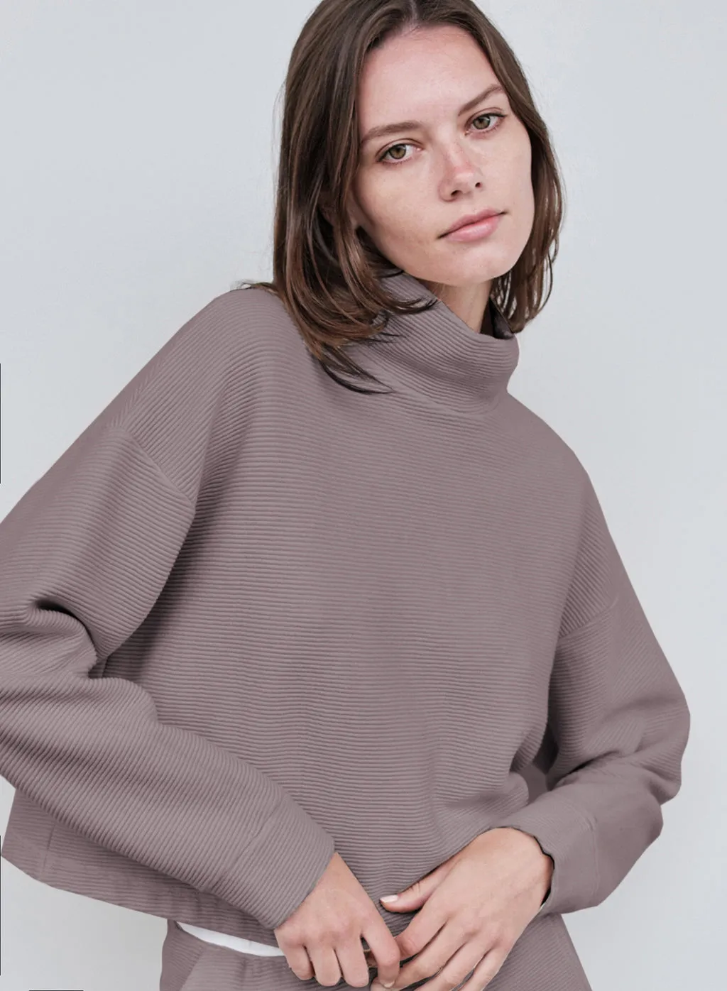 Horizontal Rib Mock Neck Pullover in Walnut