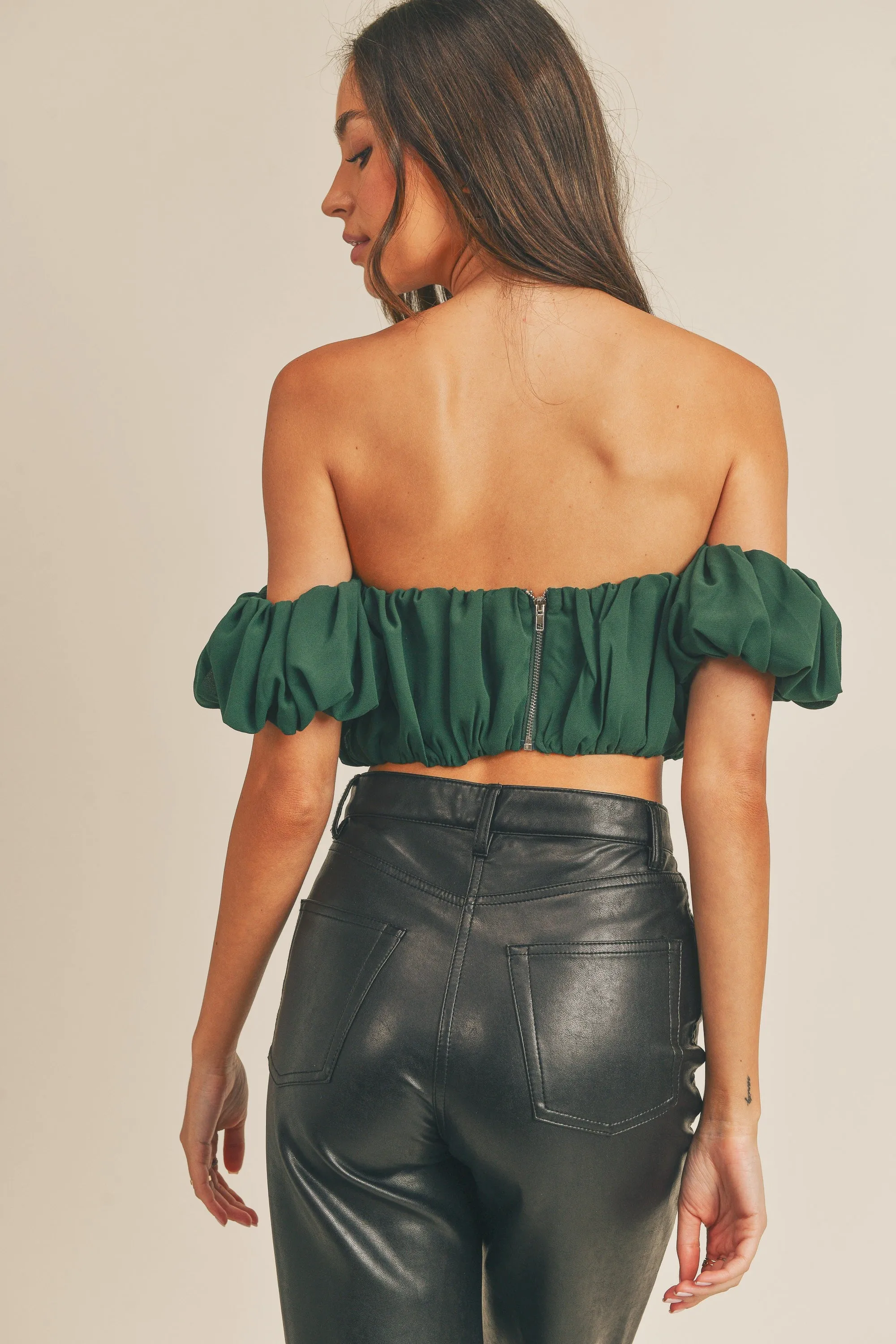 HUNTER GREEN OFF SHOULDER RUCHED CHIFFON CROP TOP