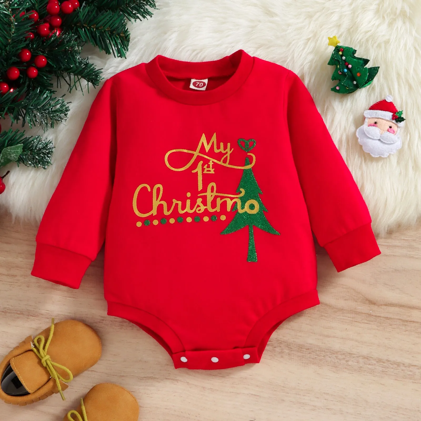 Infant Christmas Day Harness Long-sleeved Bodysuit Removable Crotch Crawling Clothes