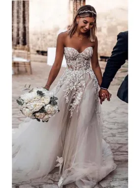 Ivory A Line Wedding Dresses Tulle Cheap Beach Lace Wedding Dresses ER1050