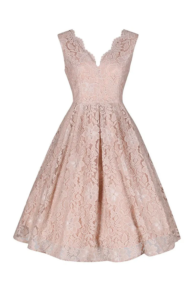 Jolie Moi Salmon Pink Champagne V Neck Sleeveless Embroidered Lace 50s Swing Dress