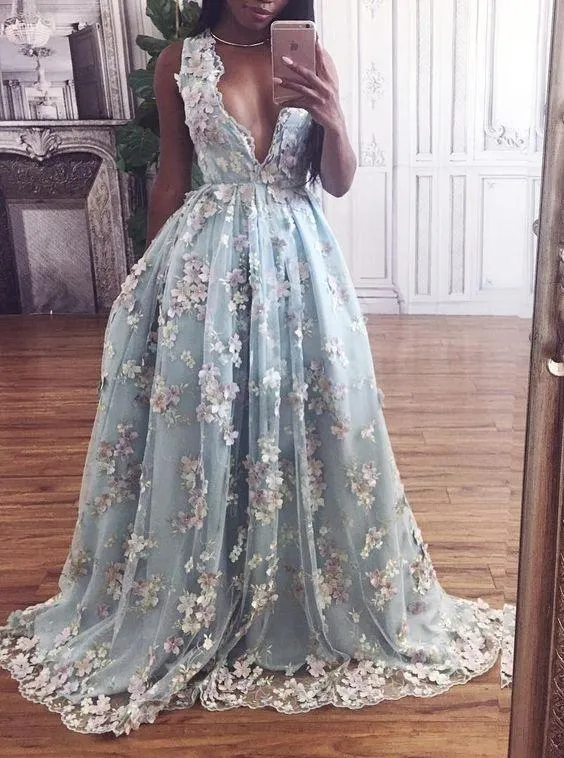 Lace Blue Prom Dress Lace V Neck Long Vintage Prom Dress #ER513