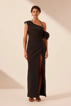 LANI ASYMMETRICAL DRAPED MAXI DRESS - BLACK