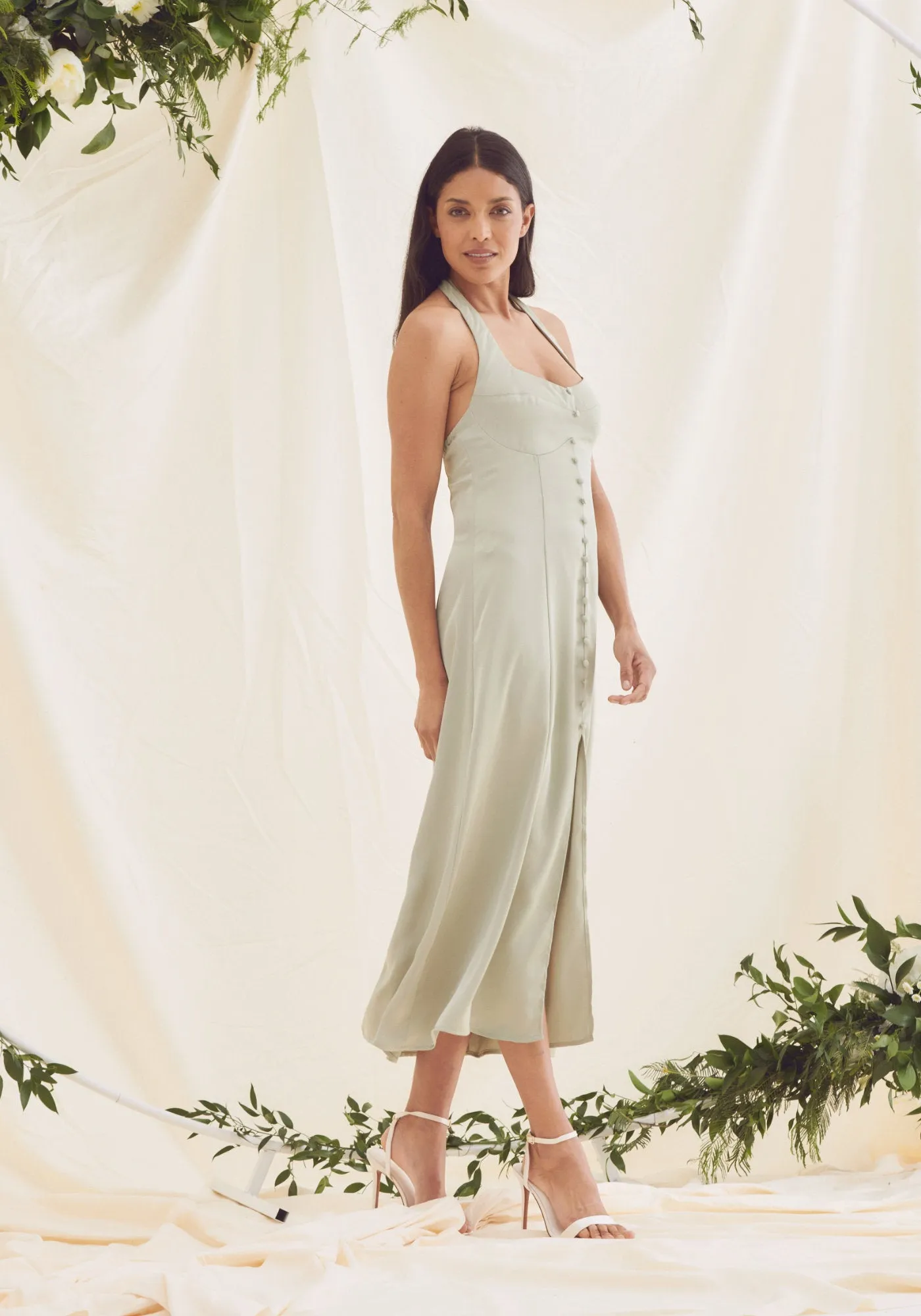 Leona Halter Tie Neck Satin Midi Dress - Sage Green