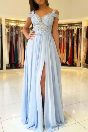 Light Blue Prom Dress with Slit, Evening Dress ,Winter Formal Dress, Pageant Dance Dresses, Graduation School Party Gown, PC0215