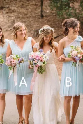 Light Blue V Neck One Shoulder Short Bridesmaid Dresses Chiffon Wedding Party Dress