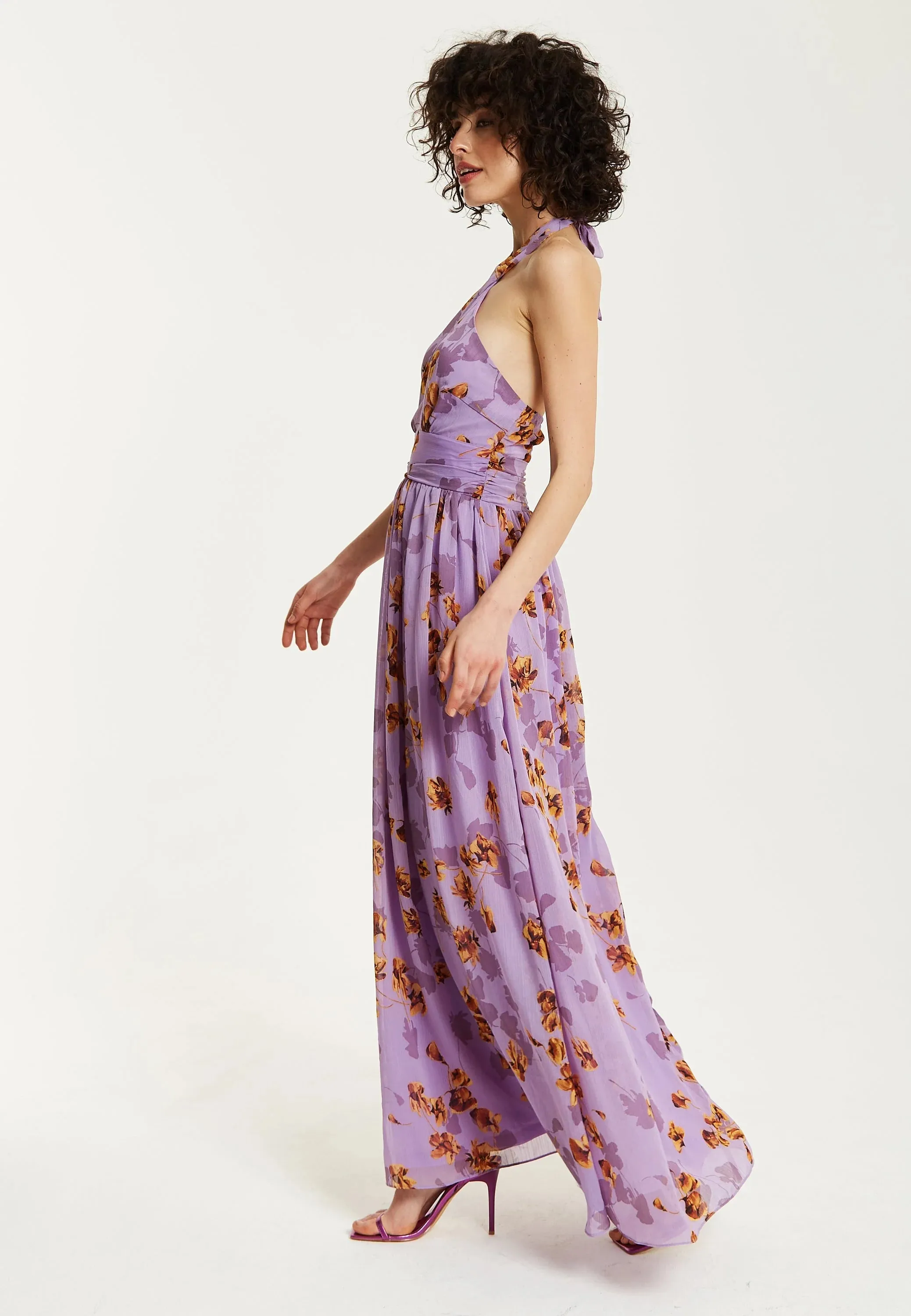 Liquorish Purple Floral Halter Neck Dress