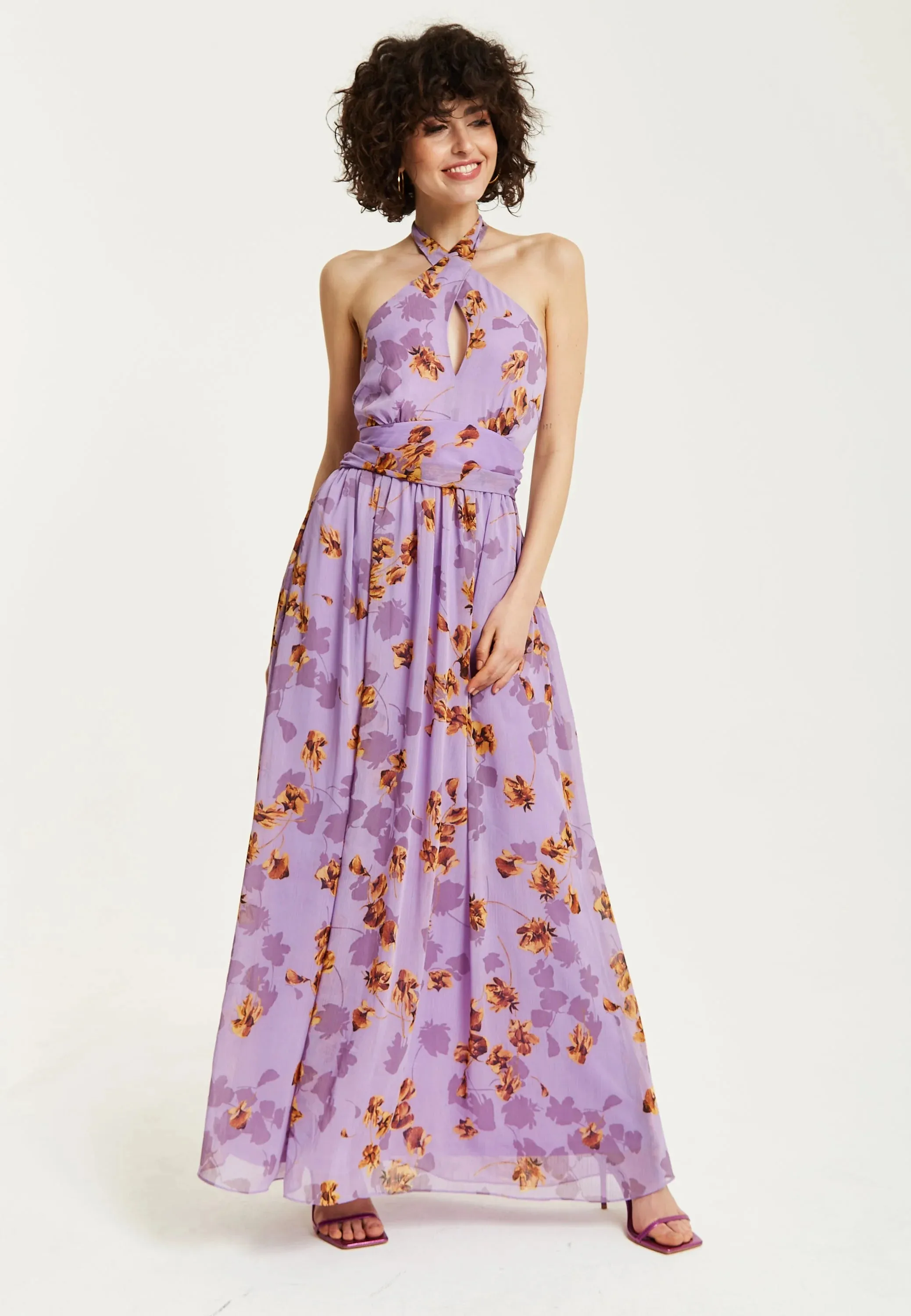 Liquorish Purple Floral Halter Neck Dress