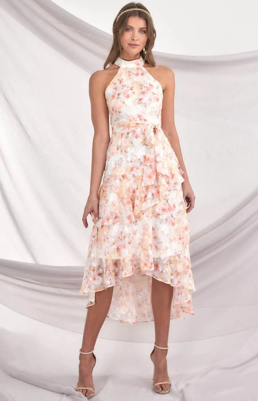 lucille Midi Dress - Peach Floral