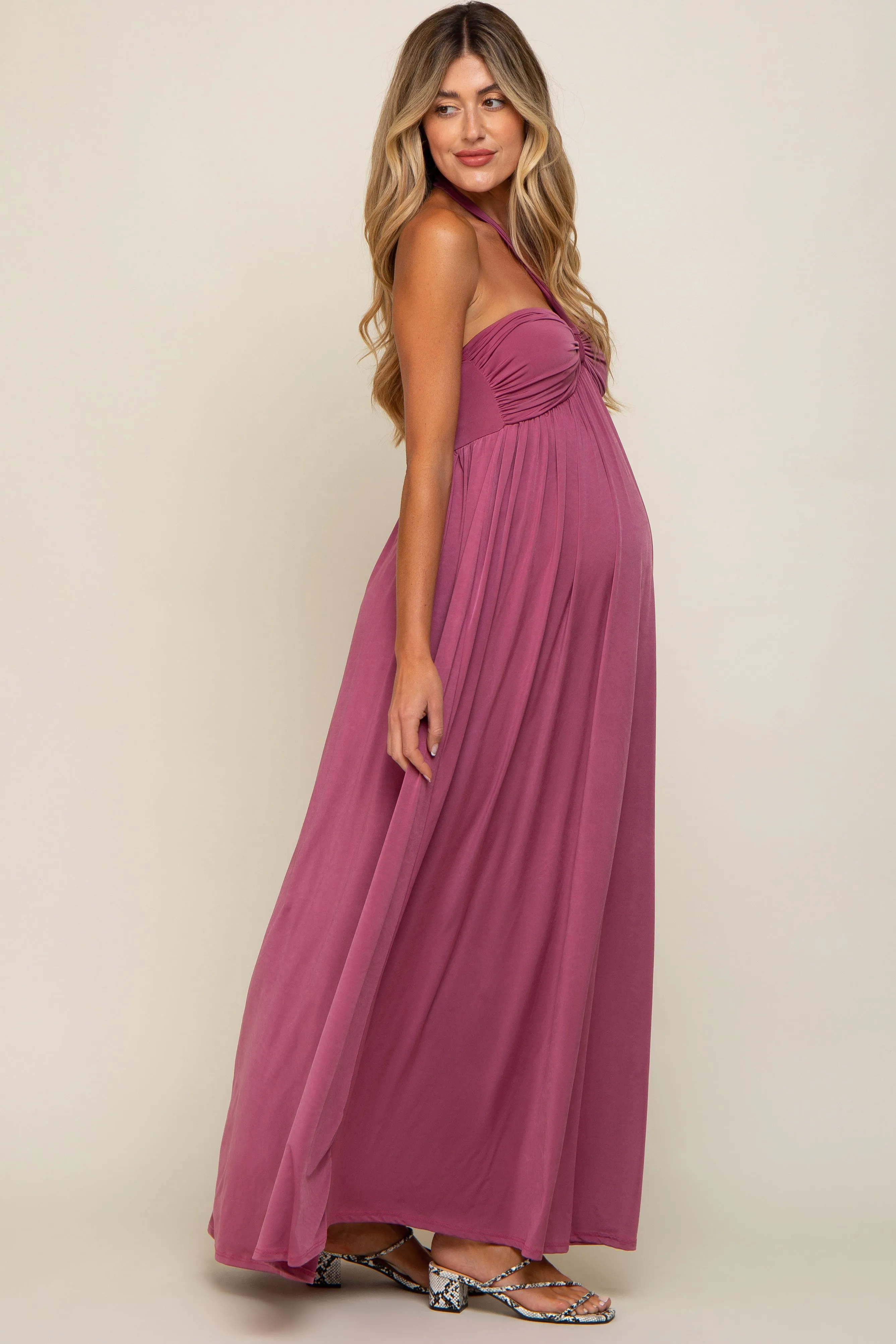 Mauve Front Knot Halter Maternity Maxi Dress