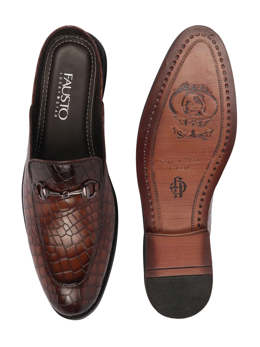 Men Brown Embossed Leopard Print Design with Horsebit Buckle Ethnic Party Back Open Slip On Mules Shoes