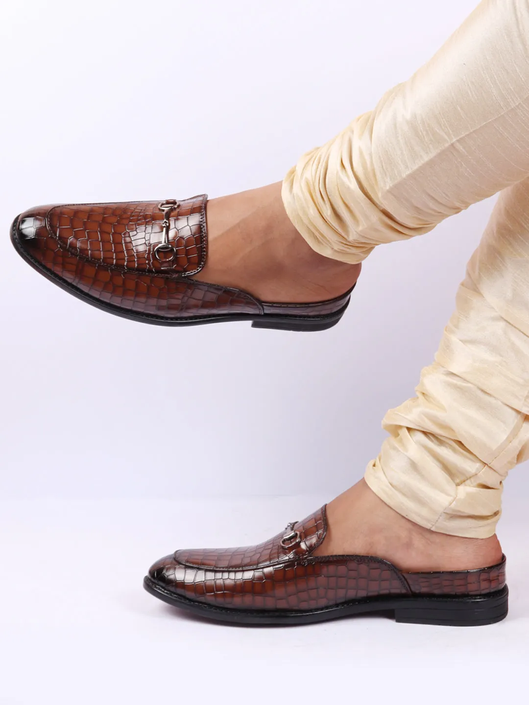 Men Coffee Embossed Leopard Print Design with Horsebit Buckle Ethnic Party Back Open Slip On Mules Shoes