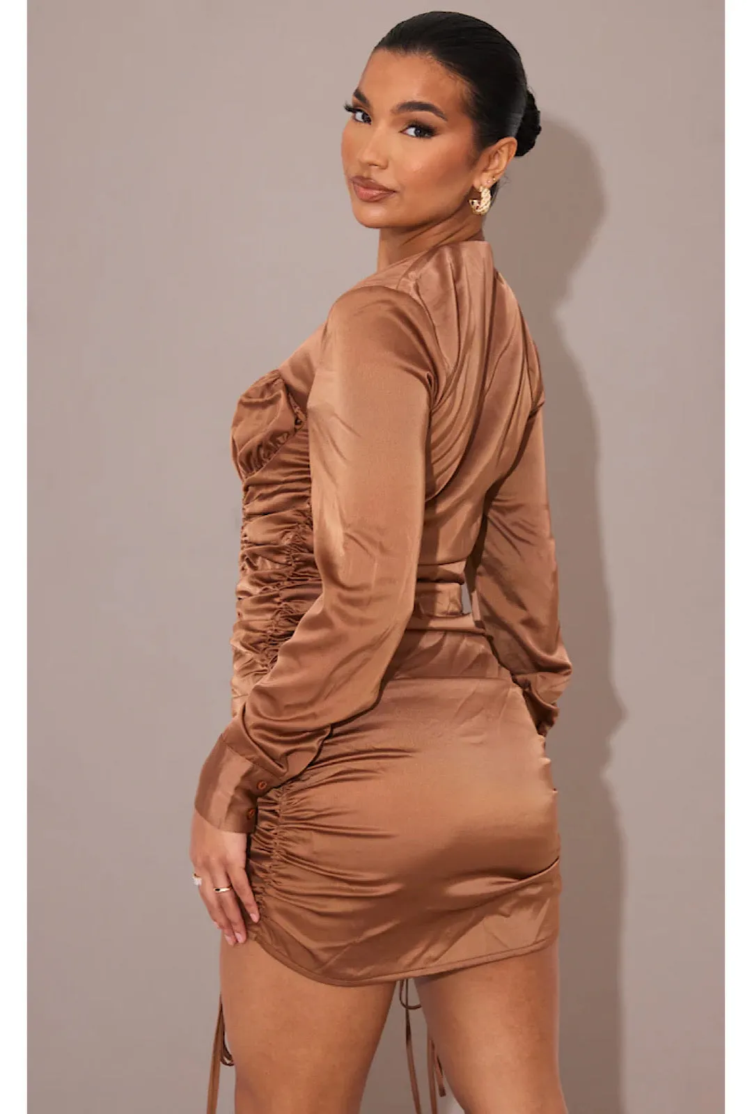 Mocha Satin Ruched Long Sleeve Shirt Style Bodycon Dress