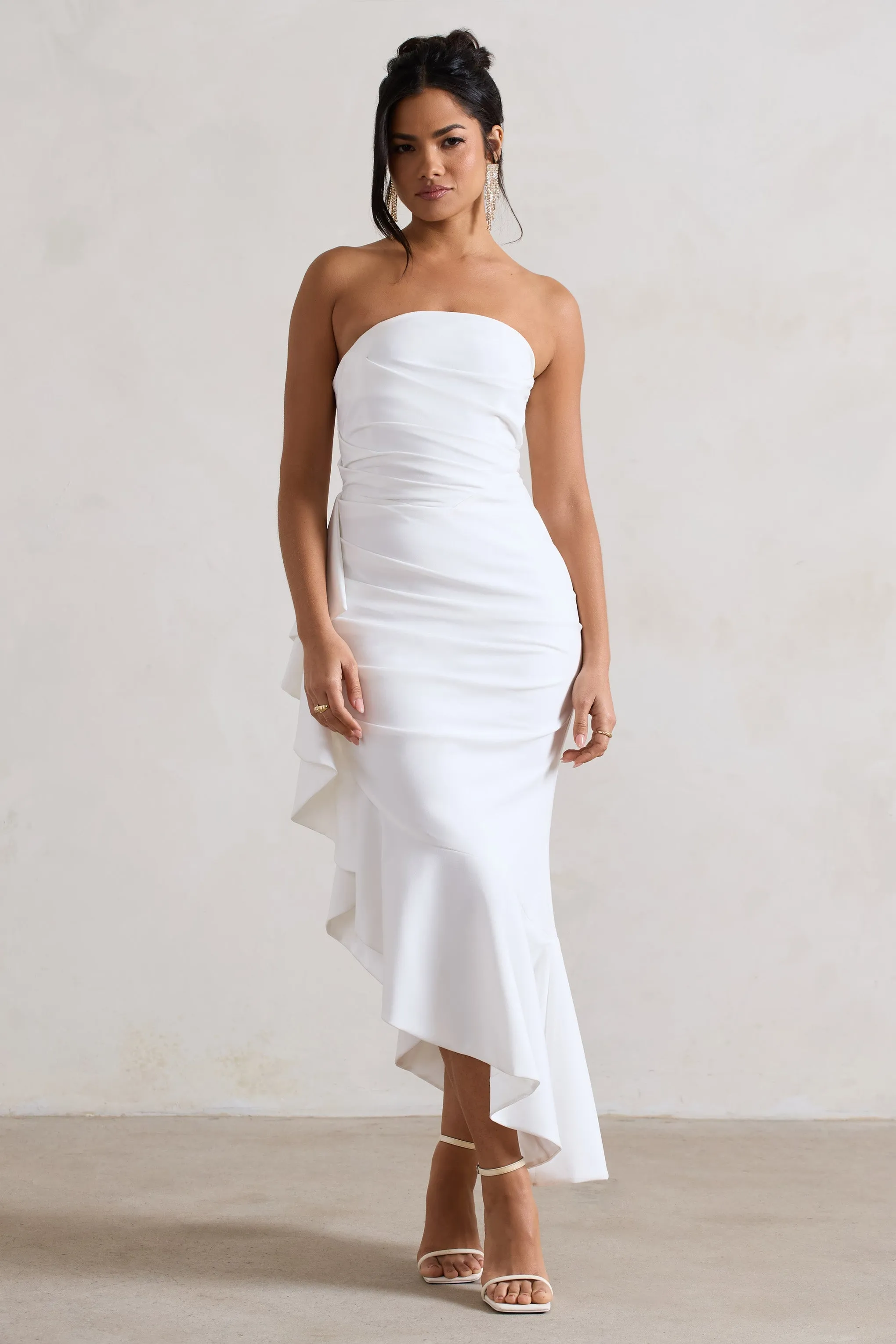 New Age | White Strapless Asymmetric Ruffled Maxi Dress