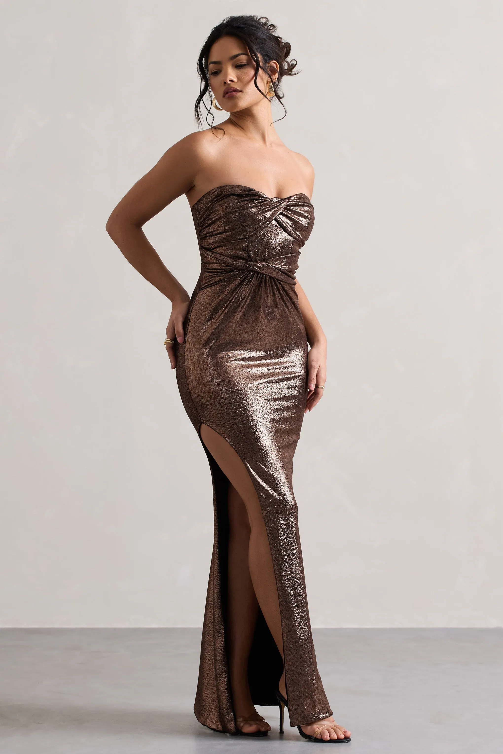 Nomad | Bronze Metallic Strapless Cut-Out Split Maxi Dress