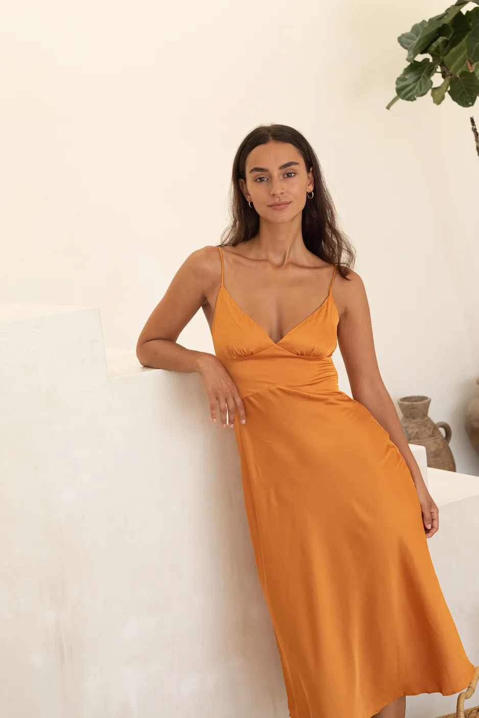 OCHRE SATIN MIDI DRESS