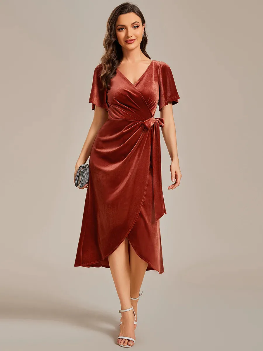 One-piece Type Velvet Tea Length Evening Dress