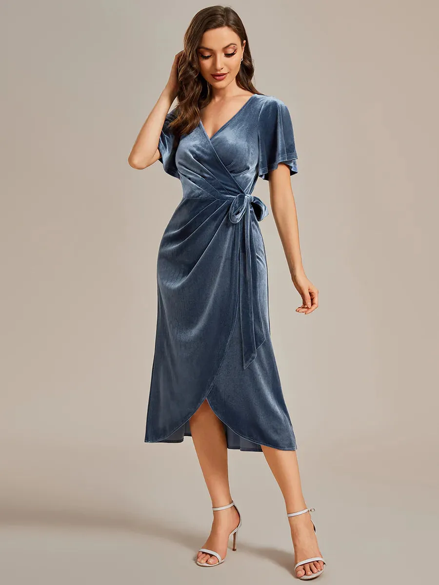 One-piece Type Velvet Tea Length Evening Dress