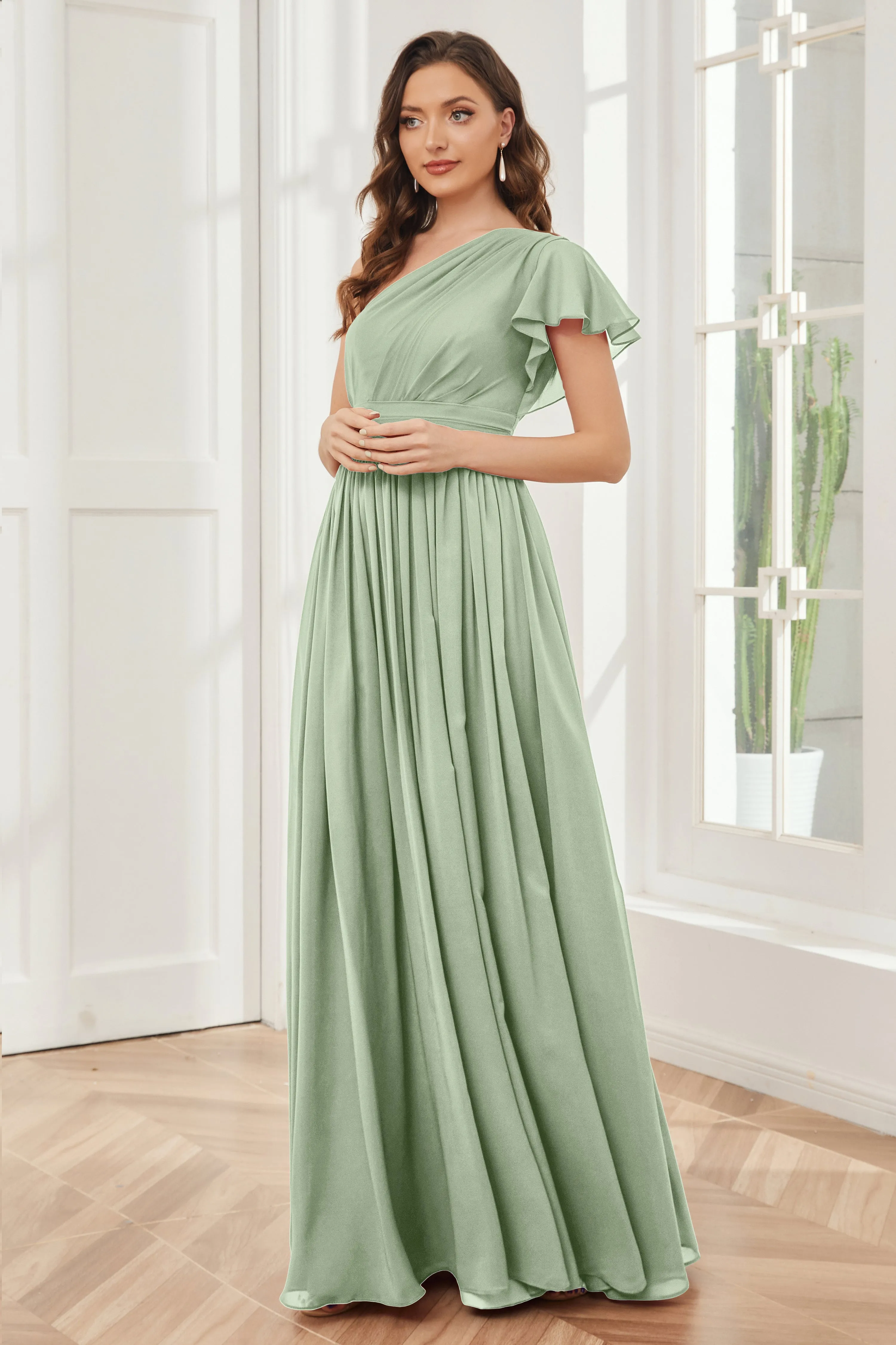 One Shoulder Chiffon Long Bridesmaid Dresses