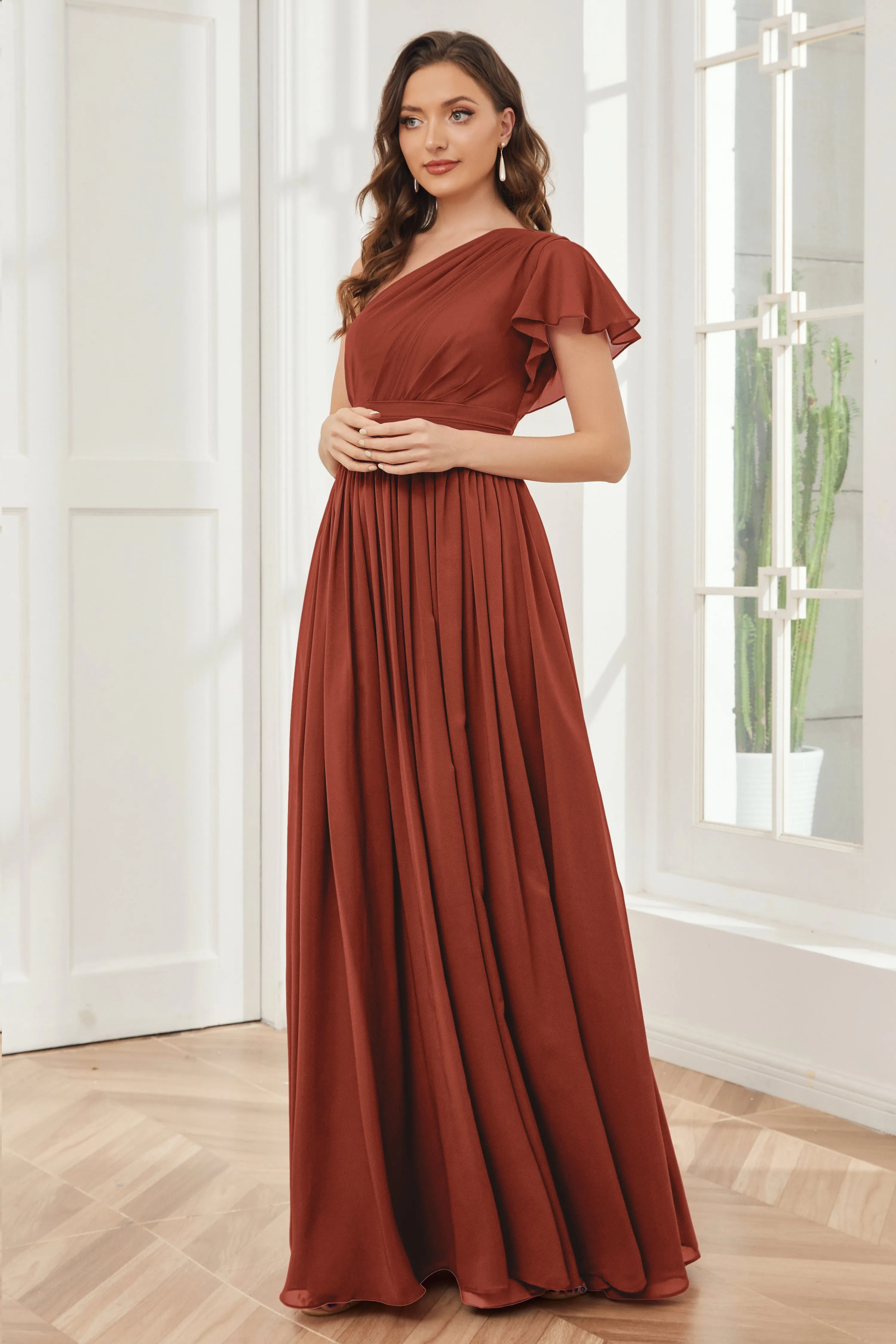 One Shoulder Chiffon Long Bridesmaid Dresses