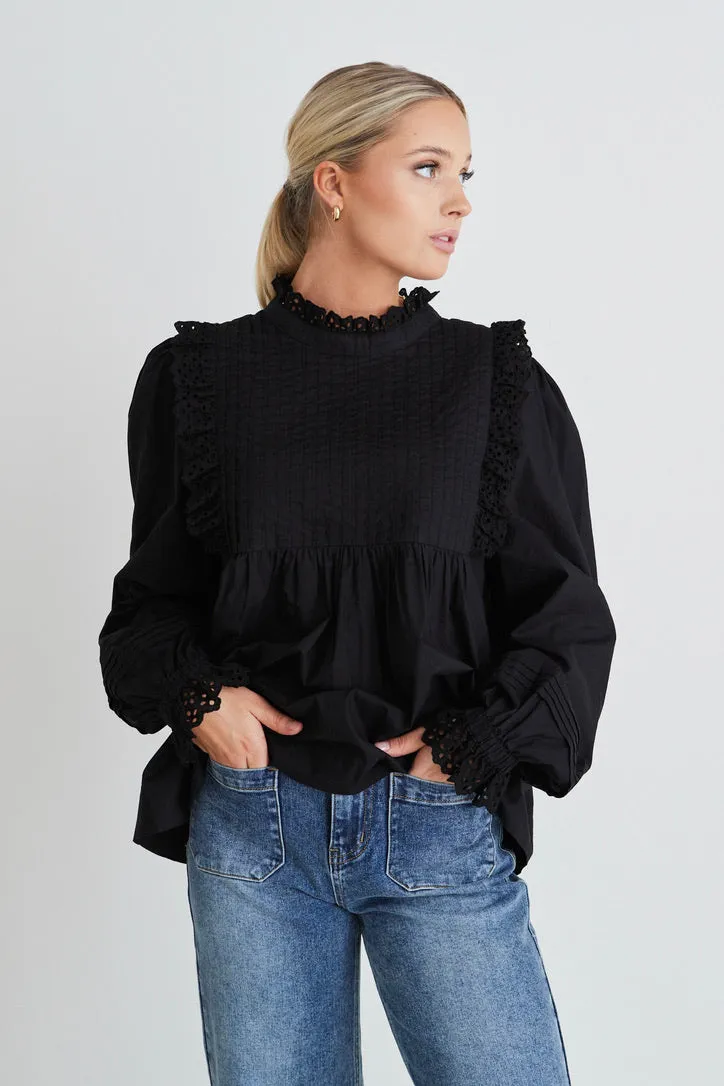 Opal Black Voile Pleat Bodice High Neck Ls Top