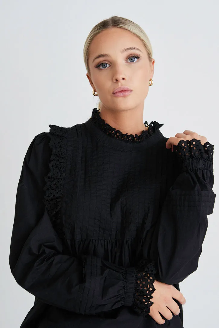 Opal Black Voile Pleat Bodice High Neck Ls Top