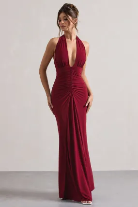 Payton | Berry Ruched Halter-Neck Maxi Dress