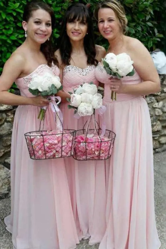 Pink Sweetheart Chiffon Sparkles Long Pleated Bridesmaid Dress