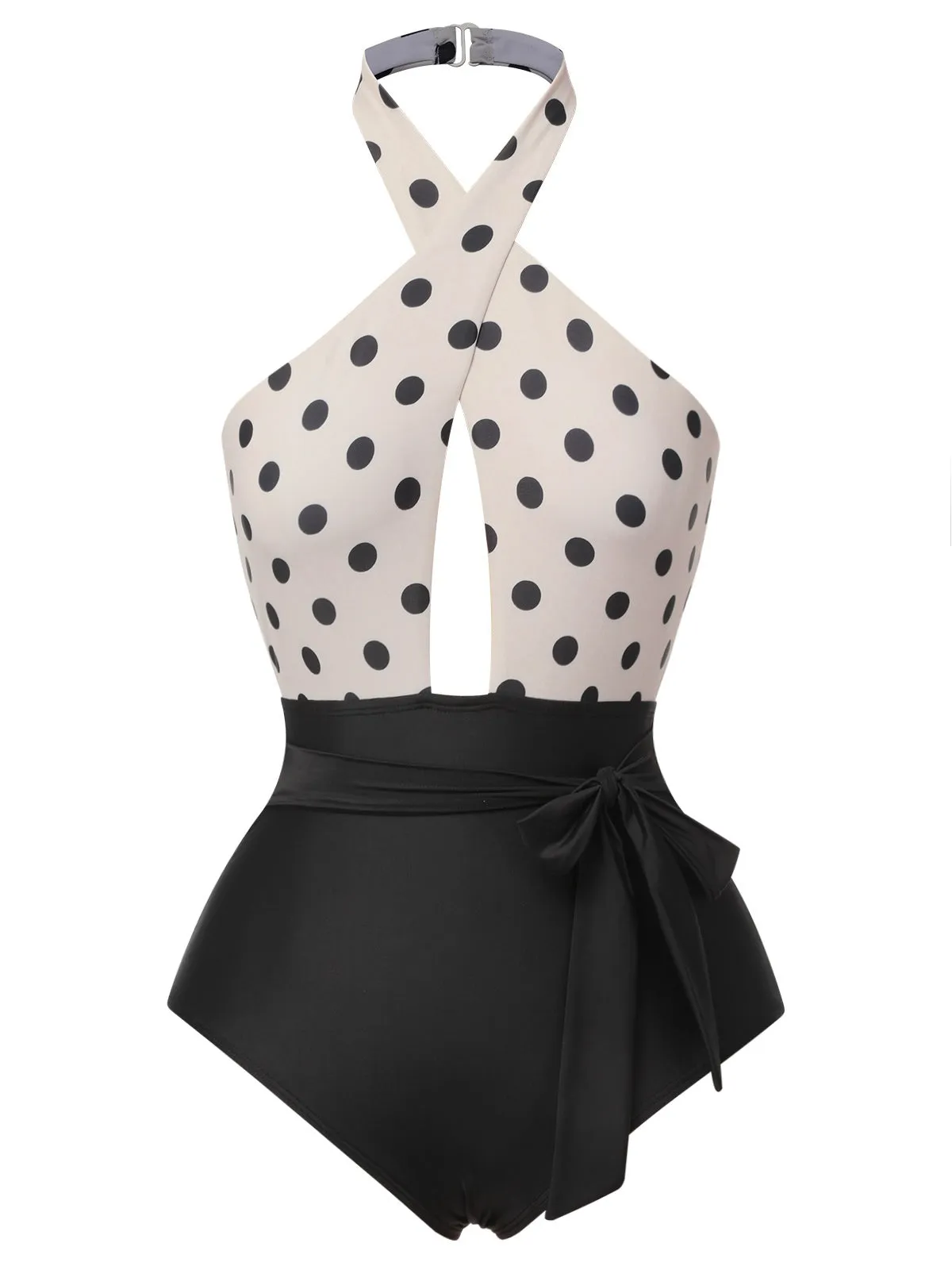 [Pre-Sale] Beige 1950s Polka Dot Halter One-Piece Swimsuit