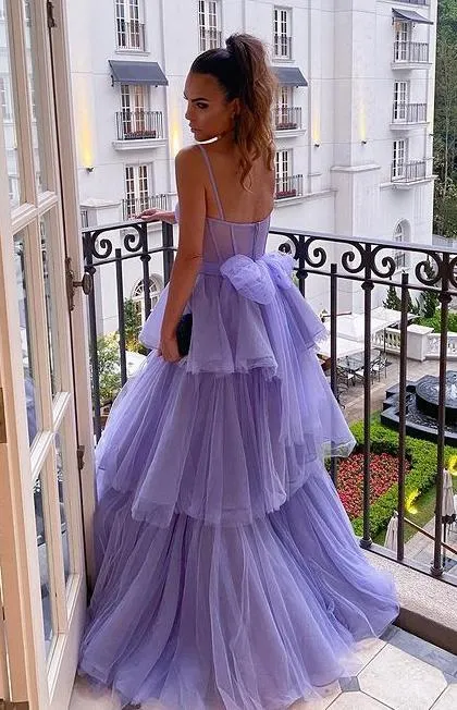 Purple A-Line Tulle Layered Evening Formal Dresses Long Prom Dresses