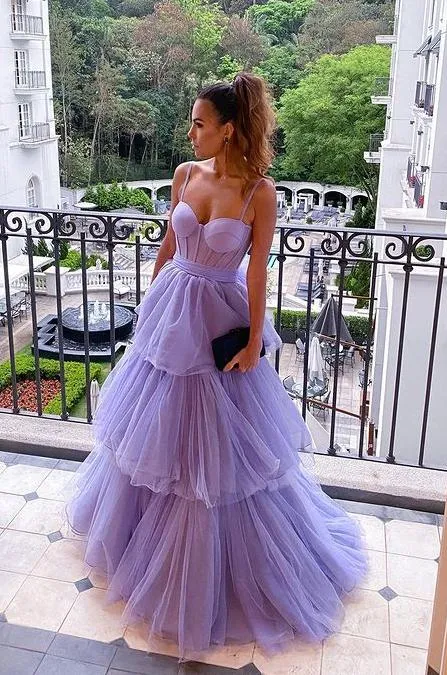 Purple A-Line Tulle Layered Evening Formal Dresses Long Prom Dresses