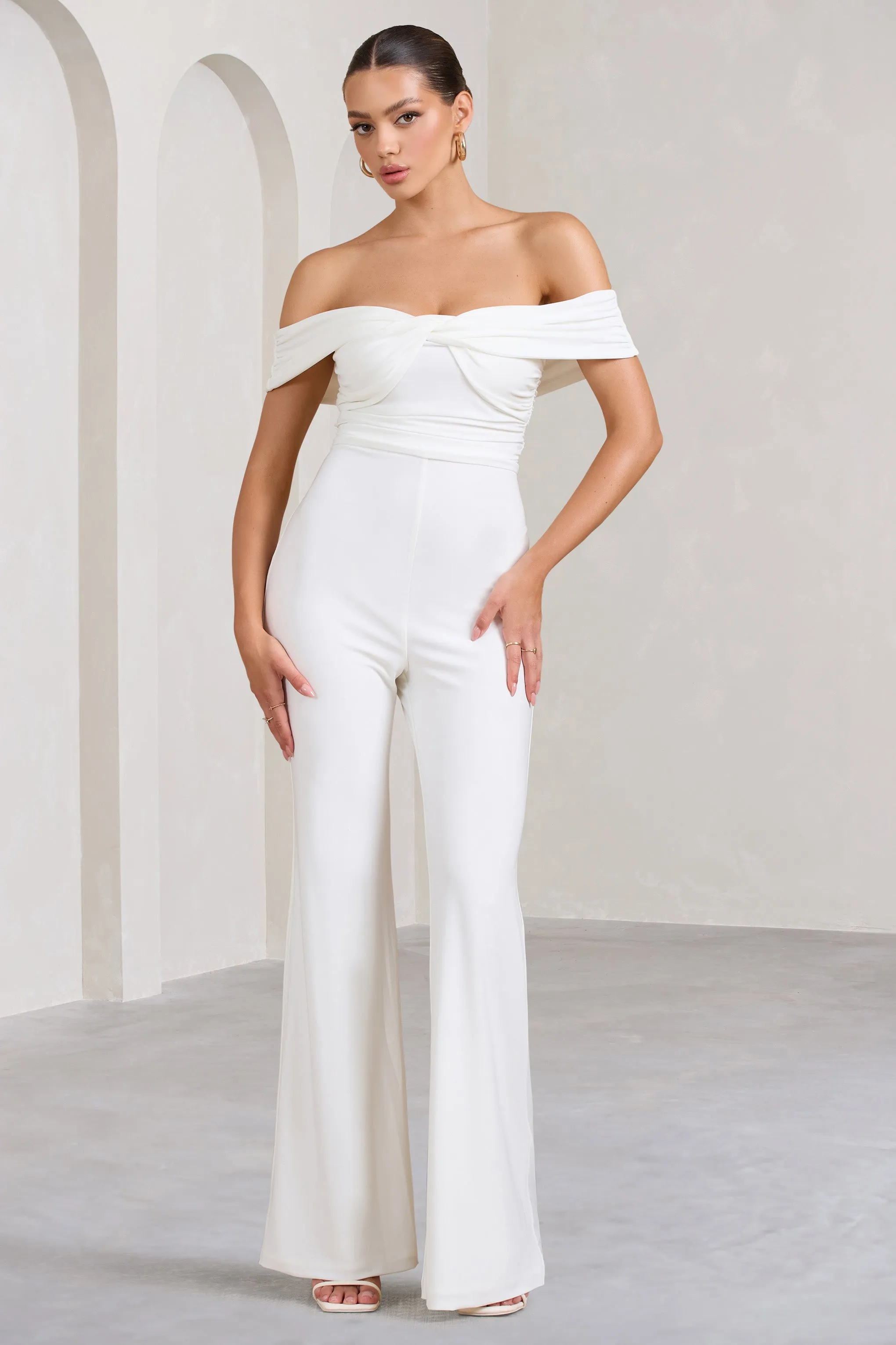 Recognition | White Off The Shoulder Ruched Jumpsuit