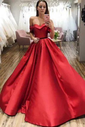 Red Ball Gown Off the Shoulder V Neck Satin Prom Dresses, Evening STK15660