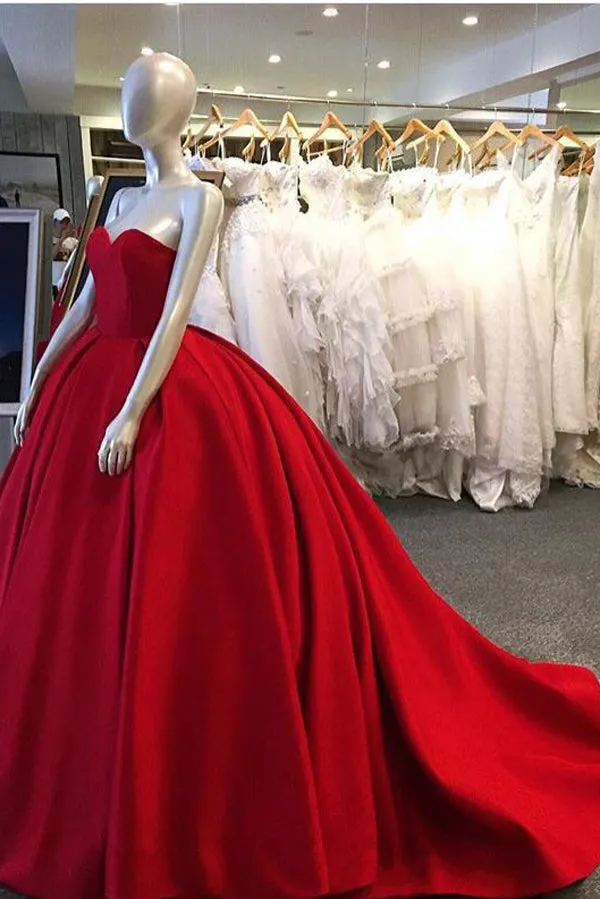 Red Ball Gown Sweep Train Sweetheart Sleeveless Mid Back Long Prom Dresses