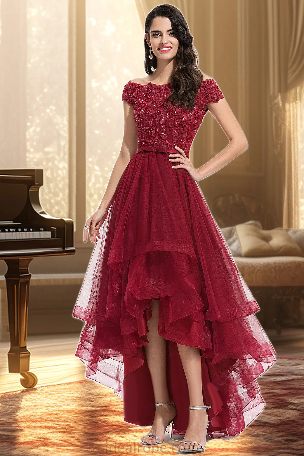 Ryleigh A-line Off the Shoulder Asymmetrical Lace Tulle Homecoming Dress With Beading Bow Sequins STKP0020535