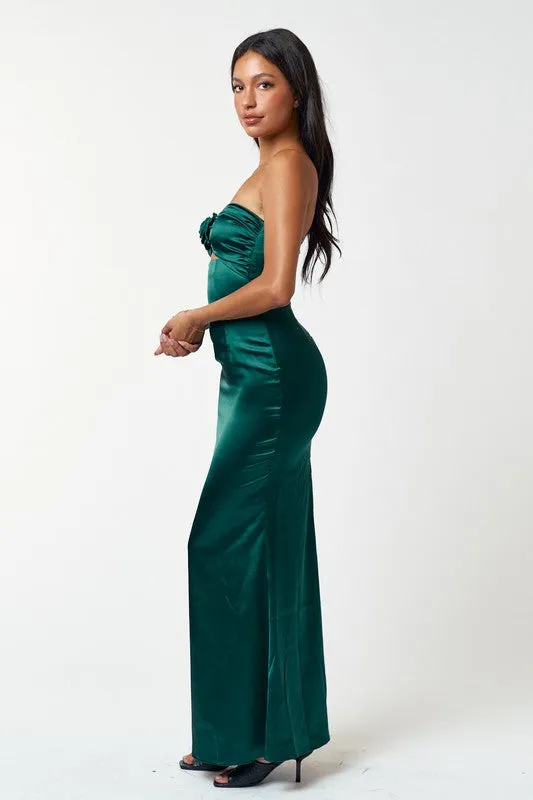 Satin Rosette Tube Maxi Dress