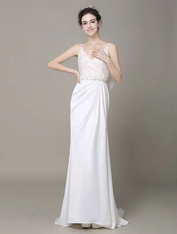 Satin Sheath Wedding Dress Plunging Neckline Bow Back Belt Lace Beading Evening Dress Exclusive