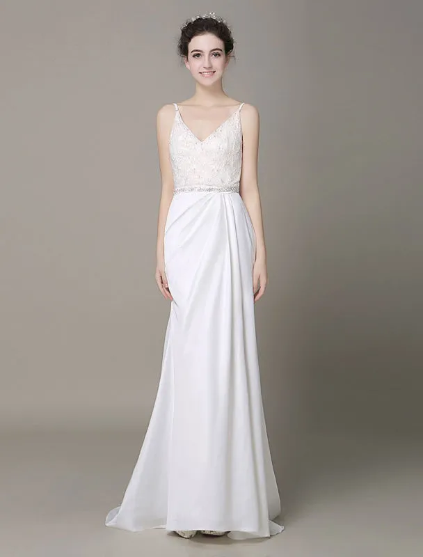 Satin Sheath Wedding Dress Plunging Neckline Bow Back Belt Lace Beading Evening Dress Exclusive